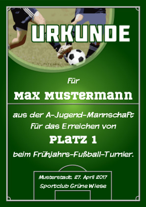 Fußball-Urkunde, zum Beispiel für Teilnahme oder Sieg bei einem Turnier als PDF-Datei