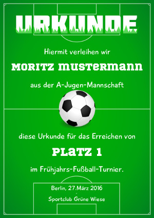 Fußball-Urkunde, zum Beispiel für Teilnahme oder Sieg bei einem Turnier als PDF-Datei